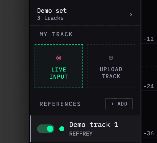 LIVE INPUT selected under MY TRACK in REFFREY